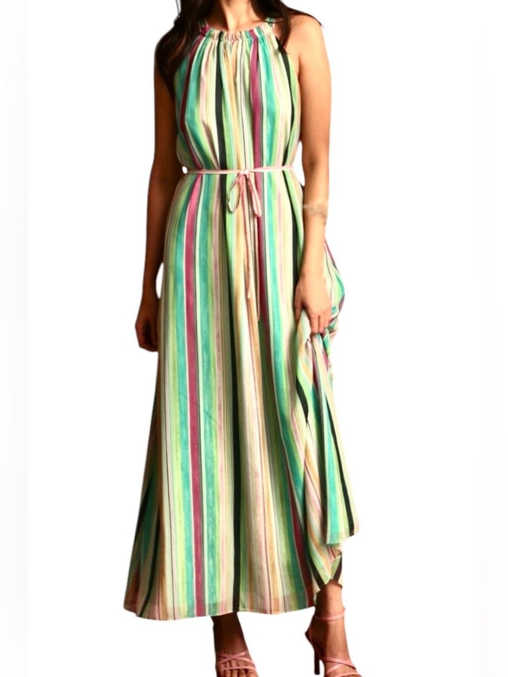 Maggie London Layla Halter Maxi Dress Seville Stripe Green Magenta NWT